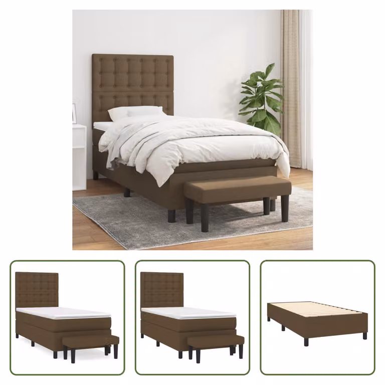 The Living Store Letto a molle con materasso marrone scuro 100x200 cm in tessuto