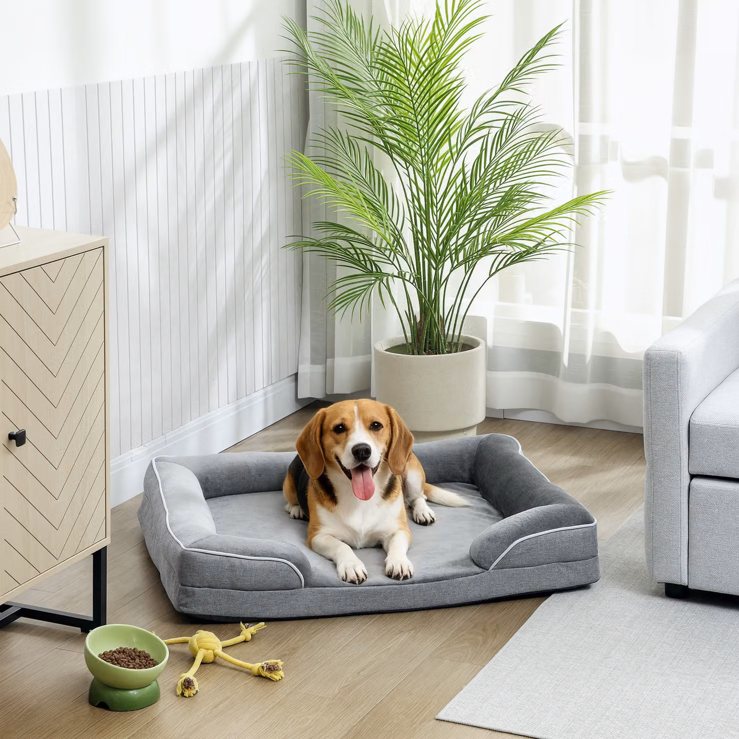 Letto per cani e gatti di taglia media PawHut con base antiscivolo e fodera lavabile, Grigio, L: 91,5 cm, P: 68,5 cm, H: 16,5 cm – 2