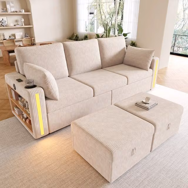 Divano modulare 190x130x85 cm configurabile a U e L con LED e contenitori in velluto a coste beige
