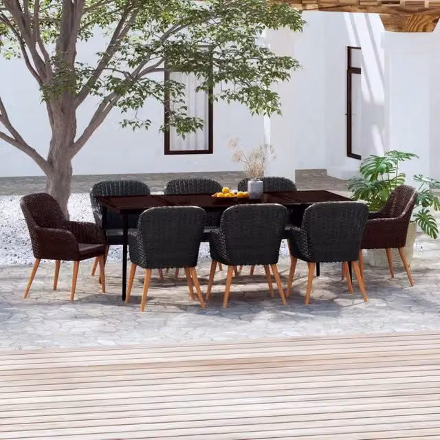 Set da pranzo da giardino vidaXL in polyrattan e legno di acacia con piano in vetro, 9 pezzi, nero e grigio