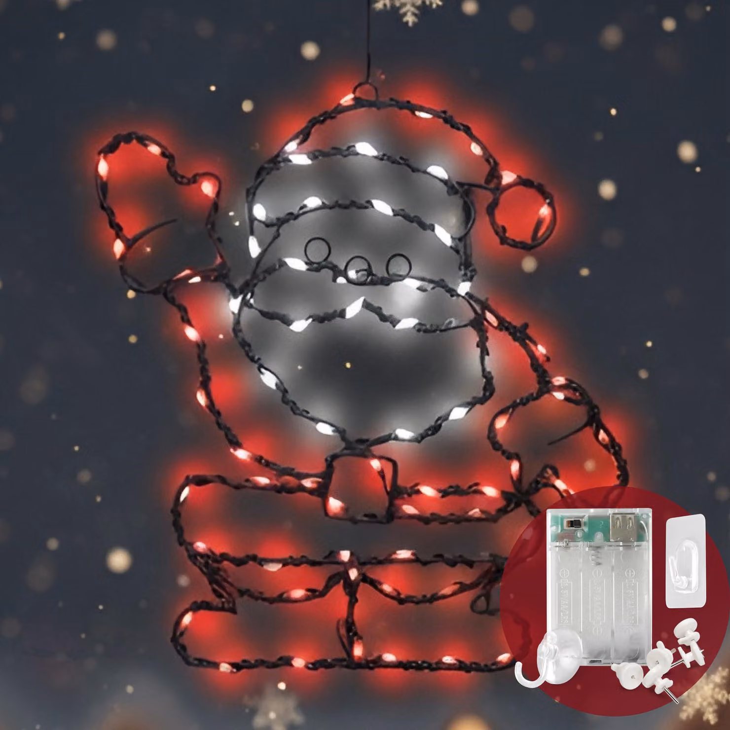 Babbo Natale luminoso a LED, 82 LED, con timer, alimentato a batteria, dimensioni 22x21 cm, grado di protezione IP20