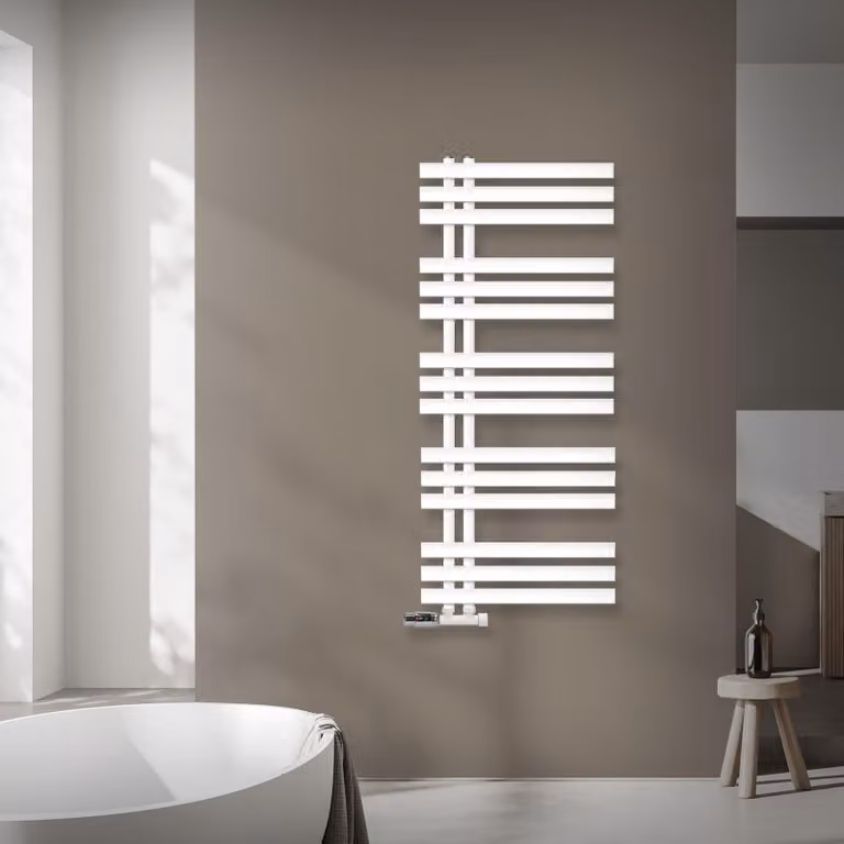 Radiatore da bagno LuxeBath Design, 500x1200 mm, bianco, set di collegamento e termostatico angolare a parete, senza elemento riscaldante