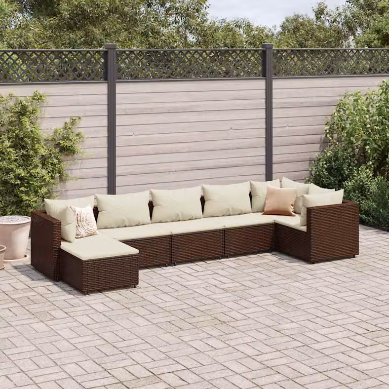 vidaXL Set Divani da Giardino 7 pz a Forma a L in Polyrattan Marrone e Bianco con Cuscini e Ottoman