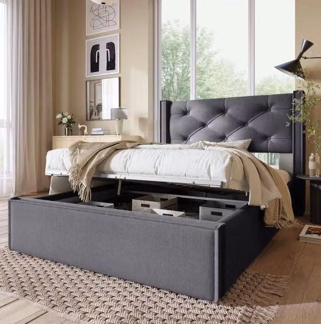 Letto singolo imbottito 90x200 cm con rete in metallo e vano contenitore, struttura in legno e cotone grigio