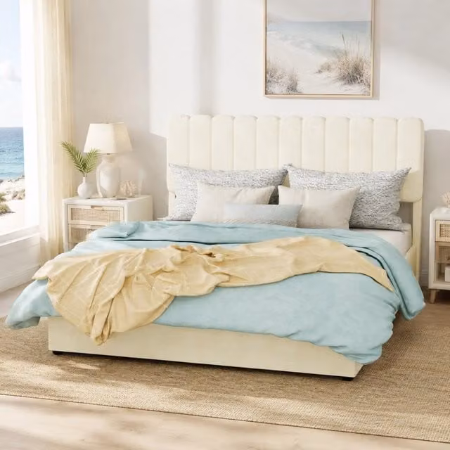 Letto imbottito 140x200 cm in velluto beige, struttura in metallo, materasso non incluso