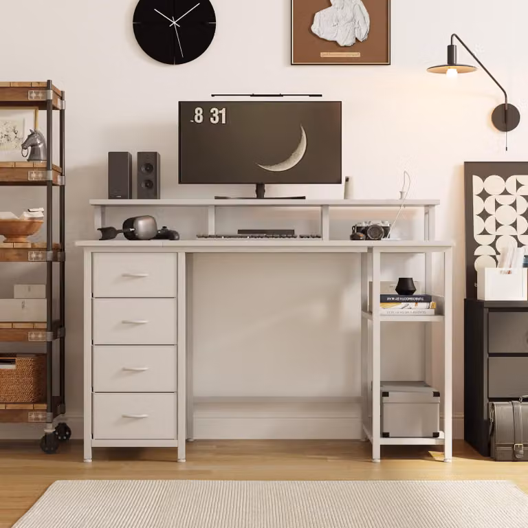 Scrivania per computer con cassetti, dimensioni 120x50 cm, colore bianco, con porte USB e supporto per monitor