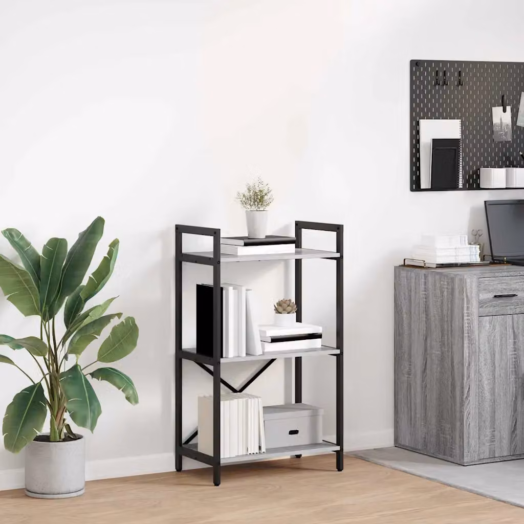 Libreria industrial vidaXL a 3 livelli in legno e metallo, L/P/H: 56 x 34 x 96 cm, Grigio e Nero