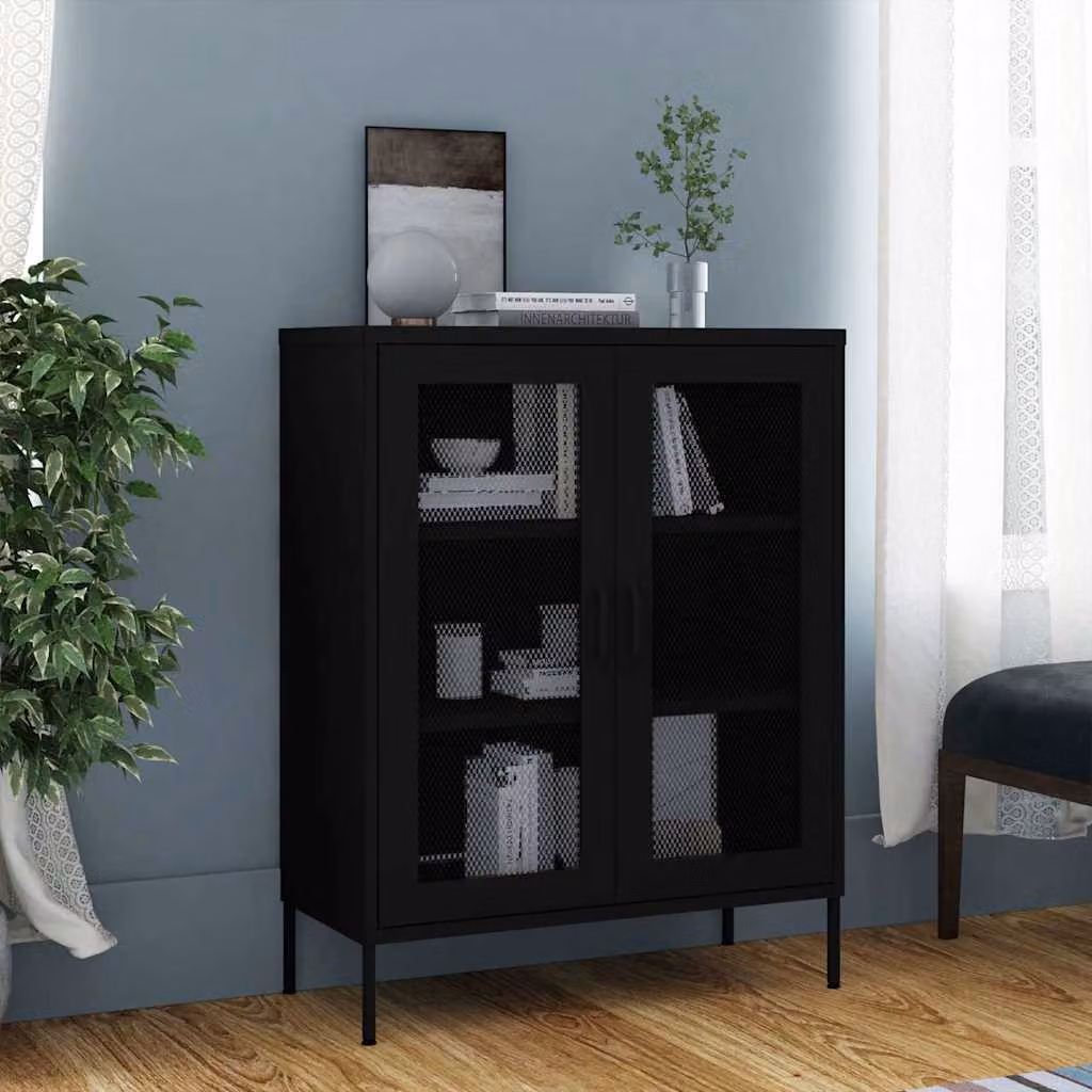 Armadietto vidaXL in metallo nero opaco con ante a battente, L: 80 cm, P: 35 cm, H: 101,5 cm – 1