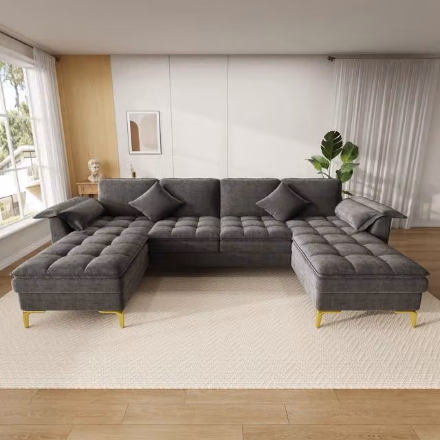 Divano angolare a U per soggiorno; 262 x 134 x 86 cm; 4 posti con due chaise longue; ciniglia grigia