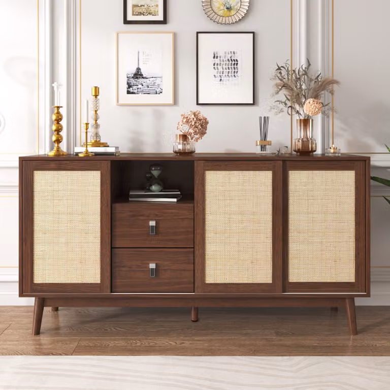 Credenza Flieks, credenza a 3 ante scorrevoli in vero rattan, mobile con 2 cassetti, mobile laterale per sala da pranzo soggiorno, colore legno