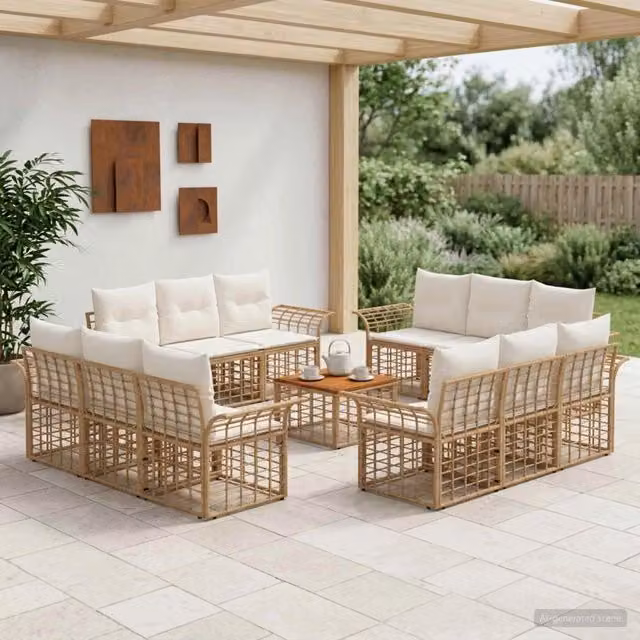 Set di divani da esterno vidaXL a forma di U con 13 pezzi per 12 posti, colore beige, bianco e marrone, con struttura in acciaio verniciato a polvere e cuscini inclusi