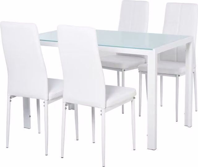 EasyComfort Set 5 Pezzi con 1 Tavolo e 4 Sedie per Cucina o Sala da Pranzo in Finta Pelle, Metallo e Vetro Temperato, Bianco