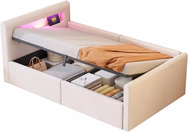 Letto singolo per bambini 90x200 cm con vano idraulico; LED e USB in velluto beige