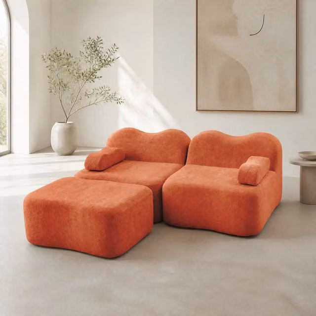 Divano angolare modulare 2 posti con pouf; 192x167x70 cm in velluto arancione