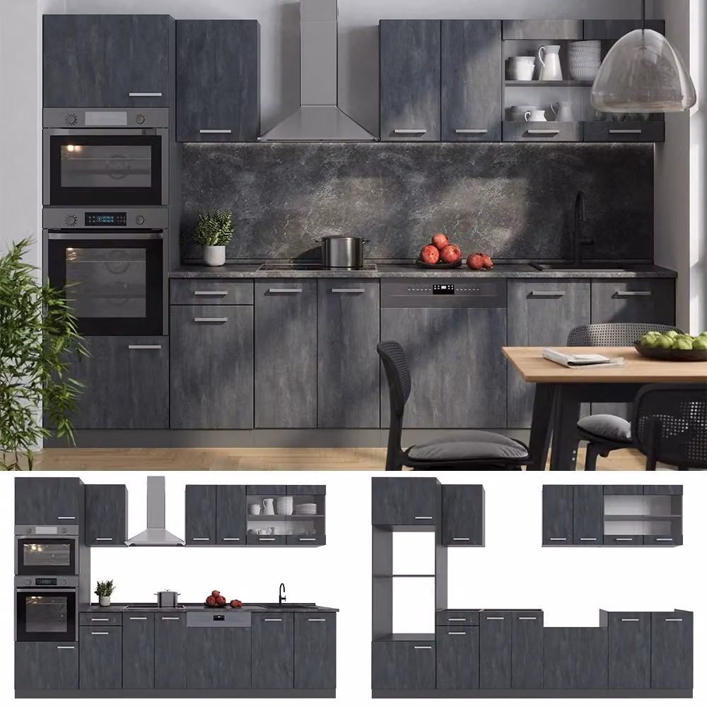 Cucina componibile moderna R-Line Vicco, colore Calce nera e Antracite, L: 300 cm, H: 206,8 cm, P: 60 cm – 2