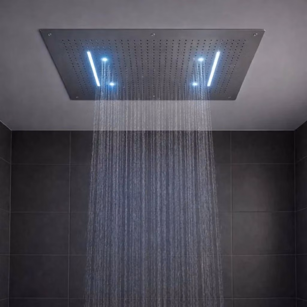 Soffione doccia a incasso a soffitto OGOMONDO con effetto cascata e LED multicolore in acciaio inox spazzolato argento – 2