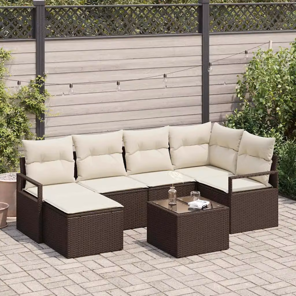Set di divani da giardino vidaXL 7 pezzi in rattan con cuscini marrone e beige – 1