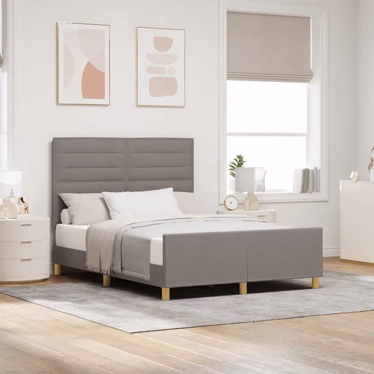 Struttura del letto con testiera Talpa vidaXL in tessuto e legno, disponibile in beige o grigio, dimensioni 160 x 200 cm