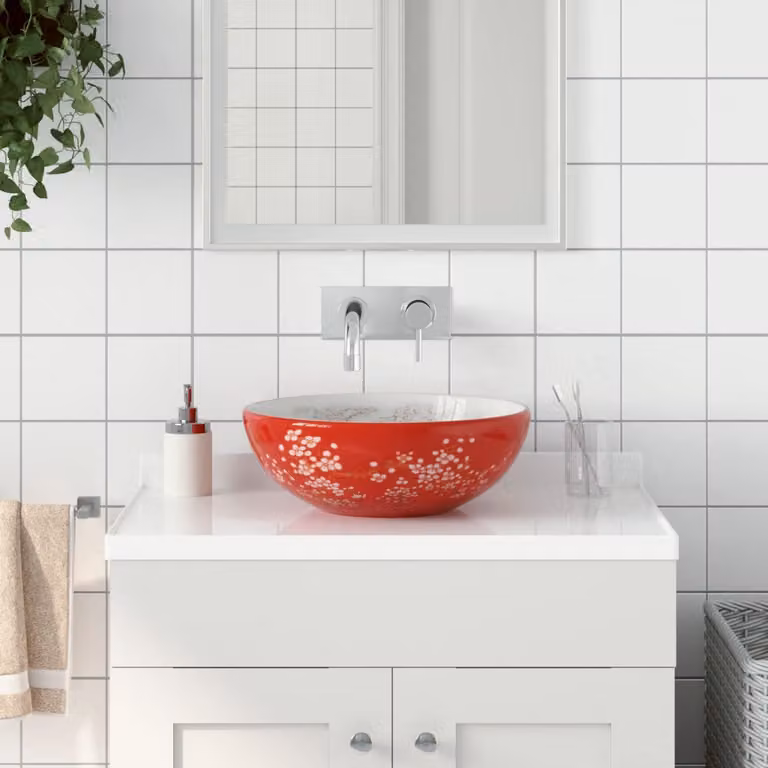 Lavabo da appoggio rotondo vidaXL in ceramica bianco e rosso, Diametro: 41 cm, Altezza: 14 cm