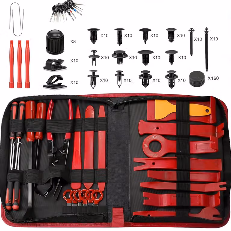 Kit di smontaggio con 438 pezzi - Set di attrezzi per auto - Attrezzi per la rimozione delle parti interne - Leva in plastica - Borsa per il trasporto - Utilizzo multifunzionale - Attrezzi per auto