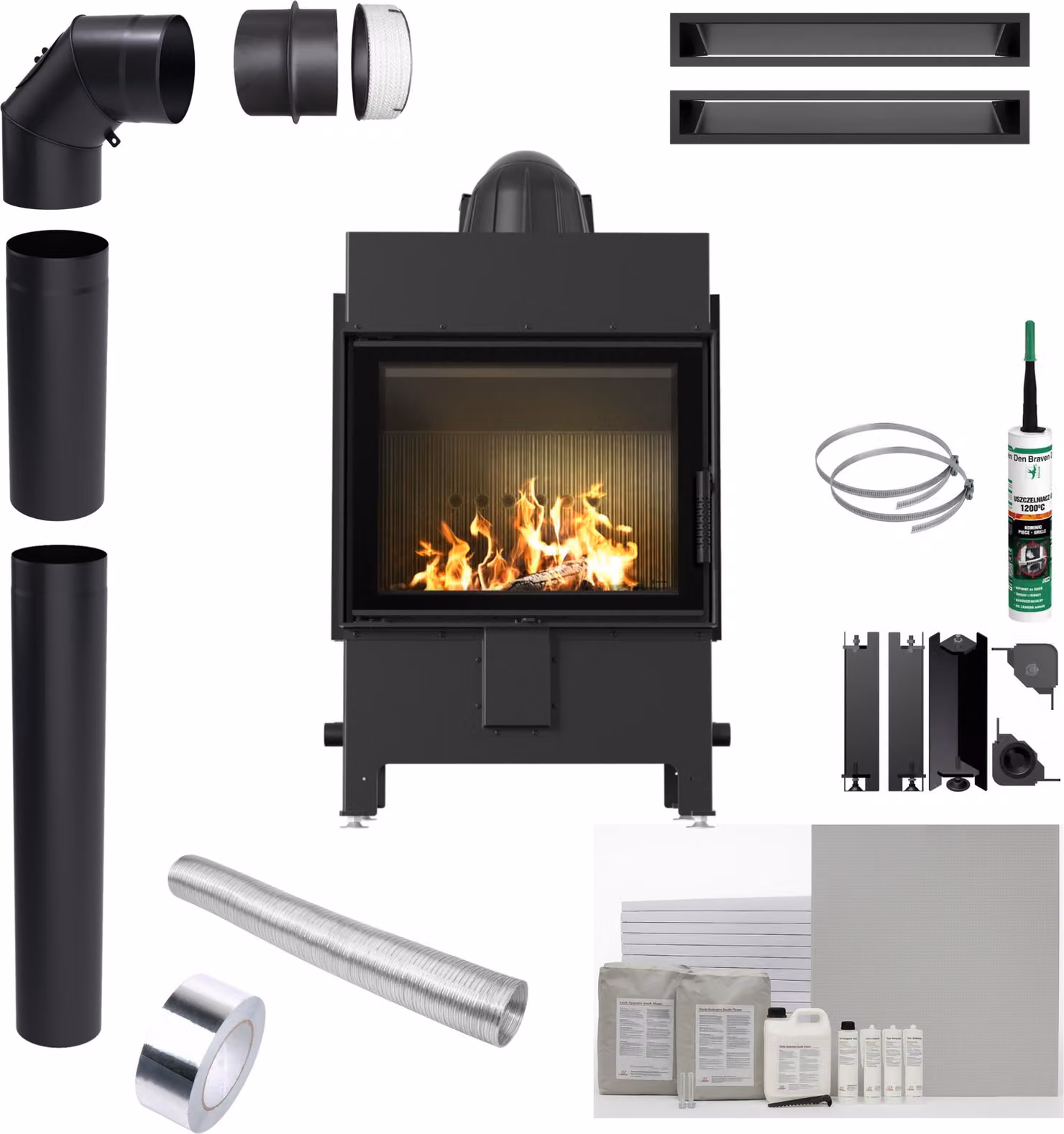 KRATKI Camino LUCY 12 kW Ø 200 Termostato nero con incasso Set per l'installazione