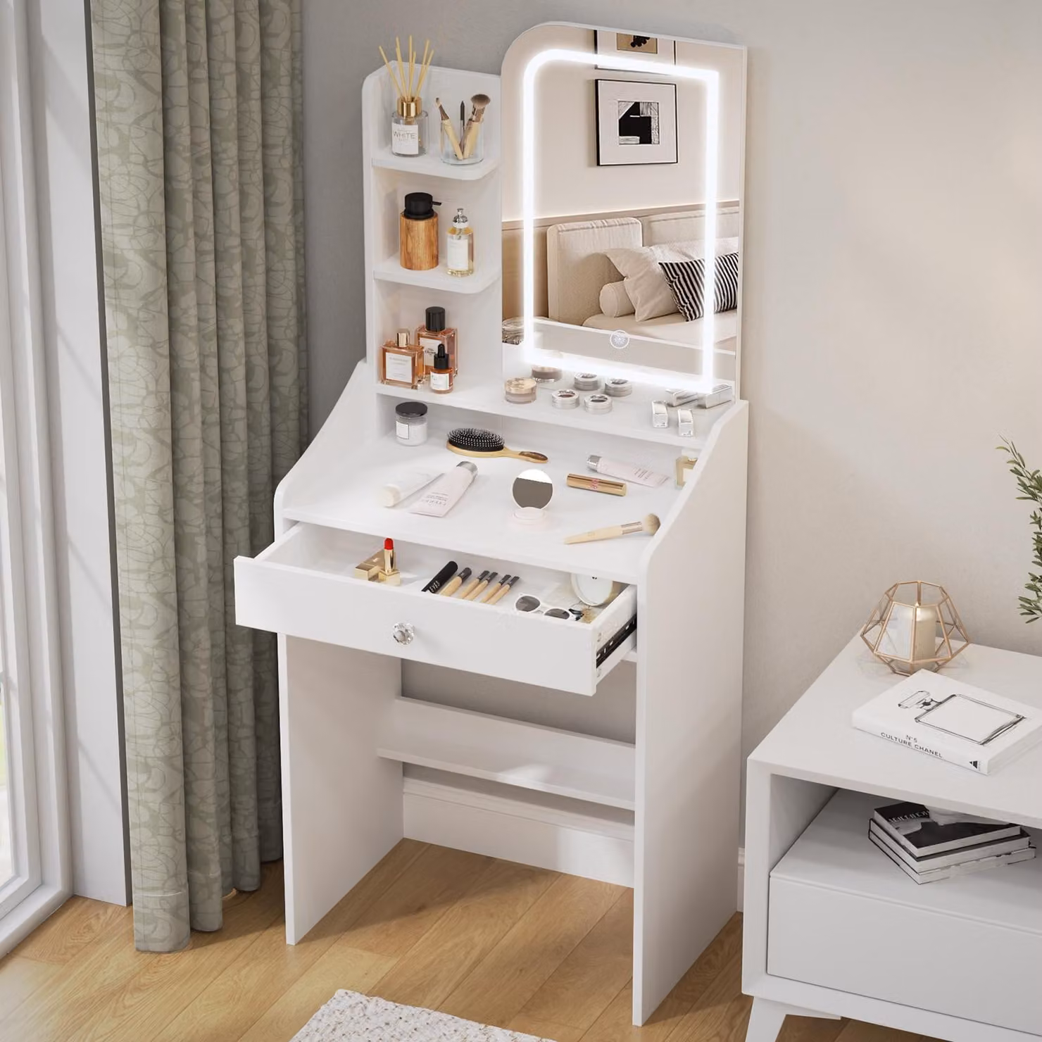 Comò con specchio a LED - Bianco - MDF - 62x40x150 cm - Tavolino da trucco