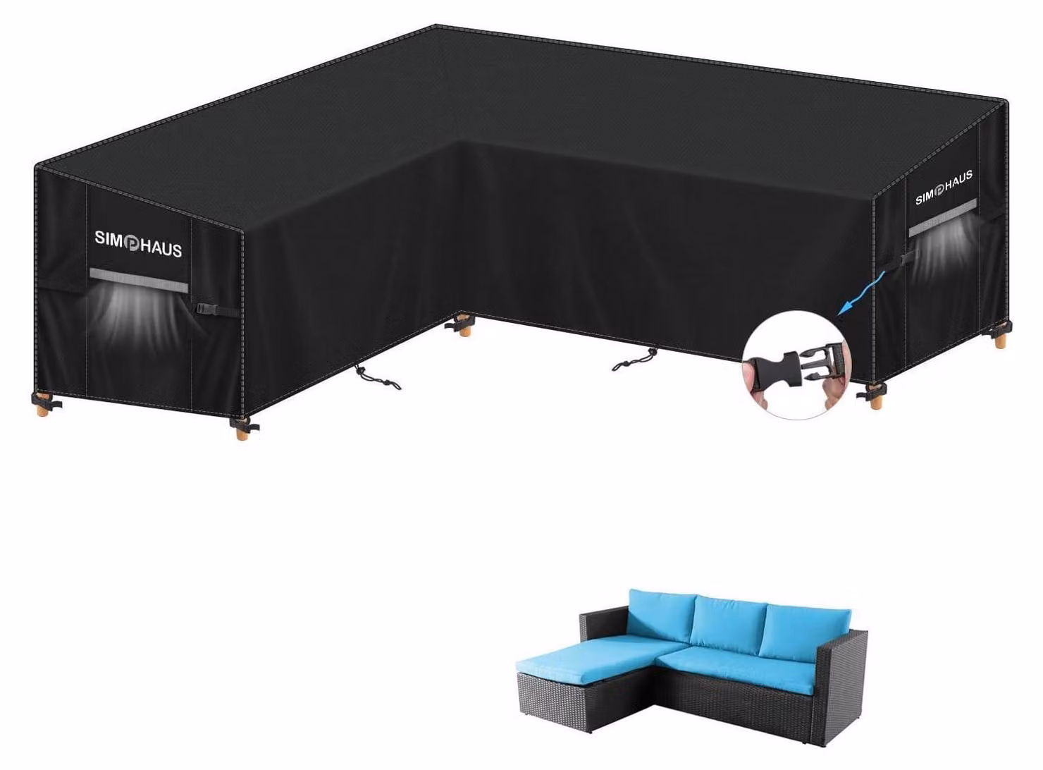 Copertura protettiva per divani angolari da esterno, realizzata in tessuto Oxford 420D, impermeabile, resistente al vento e ai raggi UV. Dimensioni: 140x210x90x80/60 cm