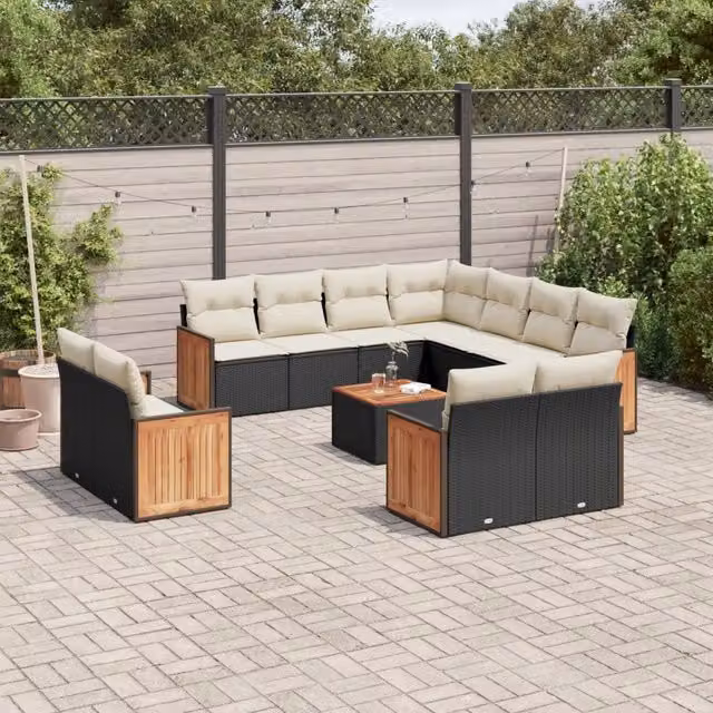 Set di divani da giardino a forma di U vidaXL in polyrattan nero con cuscini e tavolino da caffè – 1
