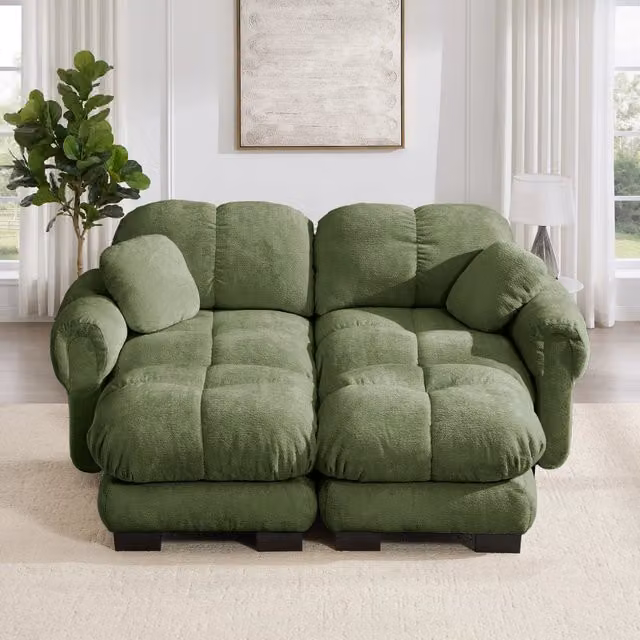 Divano modulare a U con seduta imbottita e cuscino mobile per soggiorno in chenille verde 190 × 149 × 90 cm