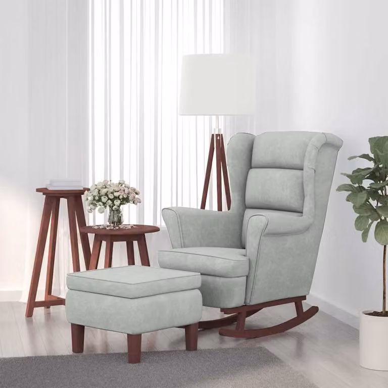 vidaXL Sedia a dondolo con schienale alto in velluto grigio chiaro e pouf incluso