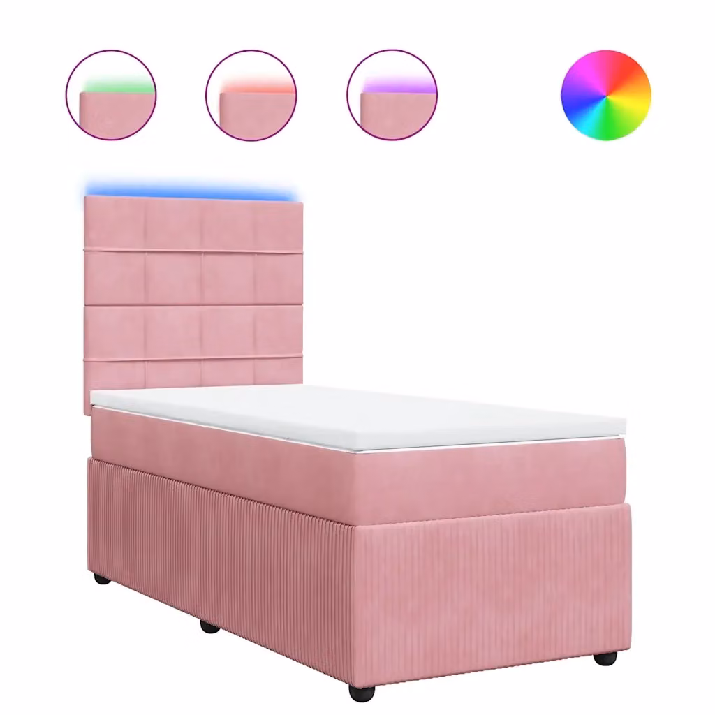 Letto moderno vidaXL con struttura imbottita in velluto rosa e bianco, materasso ibrido e illuminazione sottostante, L/P/H: 90 x 190 cm – 2