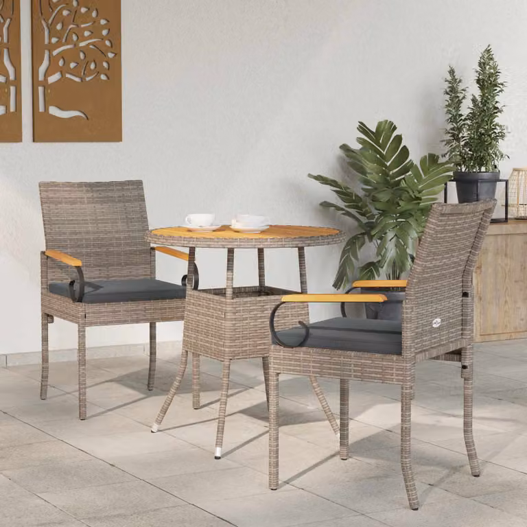 Set di 2 sedie da giardino vidaXL in legno di acacia oliato e rattan con cuscini grigi e braccioli