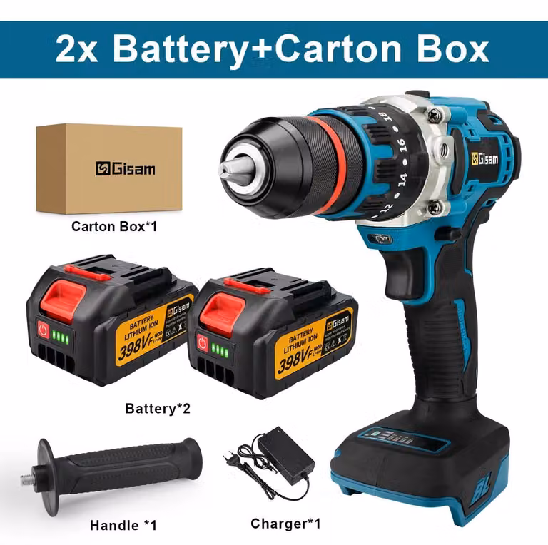 Trapano avvitatore a batteria - Martello perforatore 3-in-1 - Motore brushless da 18V - 480 Nm, 2 velocità - 4100 giri/min, mandrino da 13 mm - Set con 2 batterie