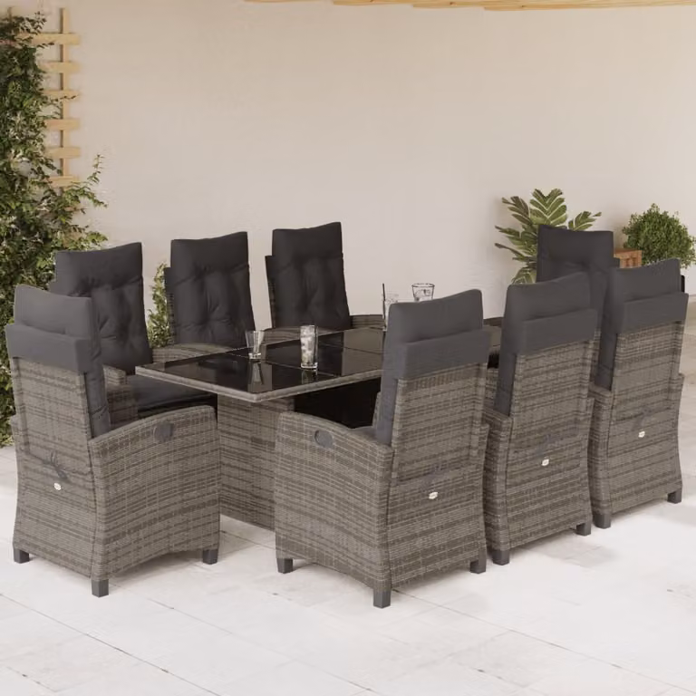 Set da pranzo da giardino vidaXL in polyrattan grigio con cuscini e piano in vetro, 9 pezzi