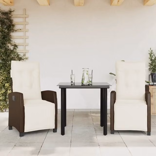 Set da Pranzo da Giardino 3pz con Cuscini in Polyrattan Marrone 3212981