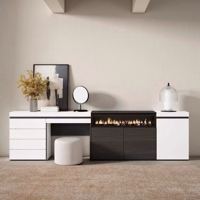 Credenza, 277x35x75cm, Camera da letto, Camino elettrico, Cassettiera, Tavolo da toeletta, Bianco RF3405