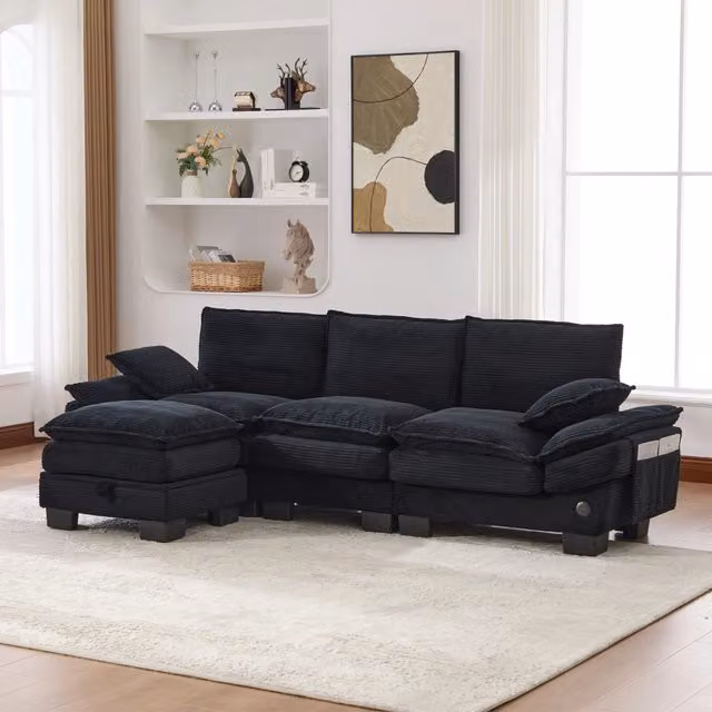 Divano 3 posti 260x132x84 cm modulare con pouf in velluto a coste nero