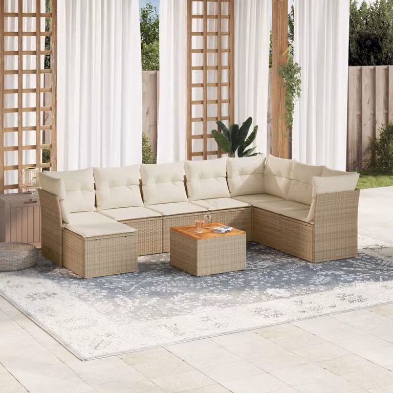 vidaXL Set Divano da Giardino 9 pz a L in Polyrattan con Cuscini Beige e Tavolino da Esterno