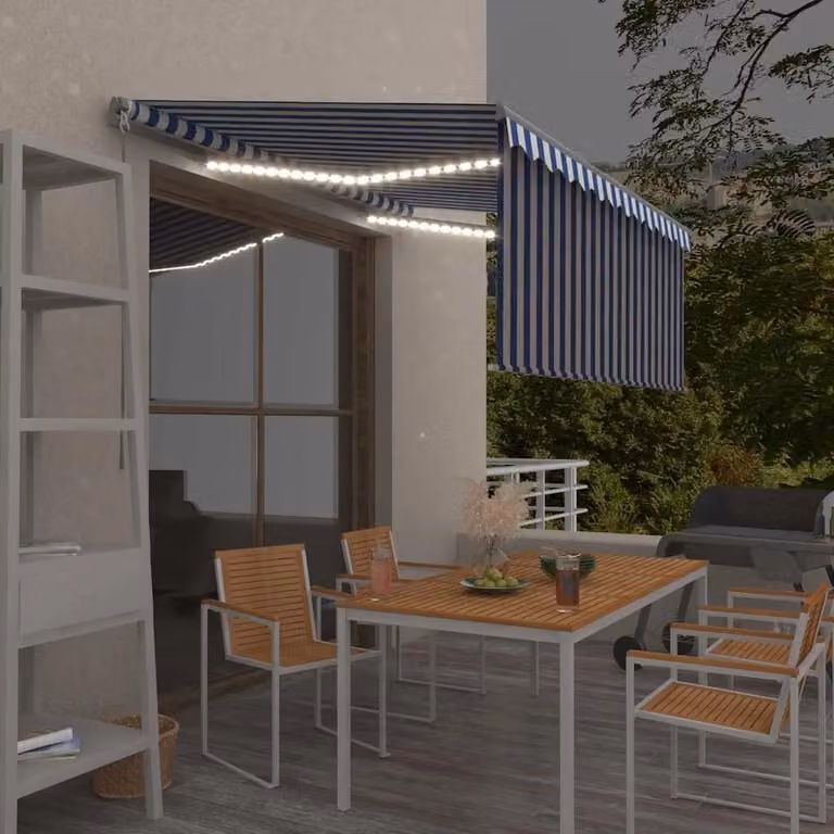 vidaXL Tenda Sole Retrattile Manuale con LED in Poliestere e Alluminio, Blu e Bianco, L: 350 cm, P: 250 cm