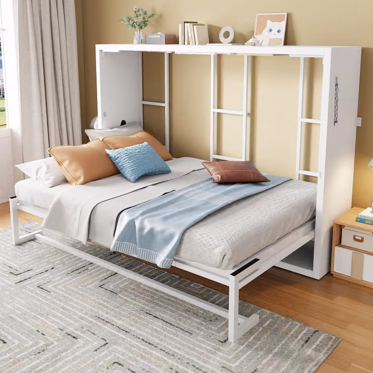 Letto a muro MODFU 140 × 200 con struttura ribaltabile, letto per ragazzi con vano contenitore, letti aggiuntivi in metallo con piano in legno, senza materasso, bianco