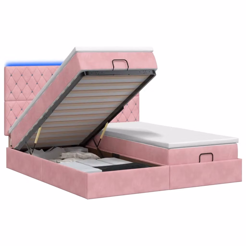 Letto Ottomano vidaXL in Velluto Rosa con Materasso Ibrido, Illuminazione LED Sottostante e Porte USB, L/P: 160 x 200 cm – 2