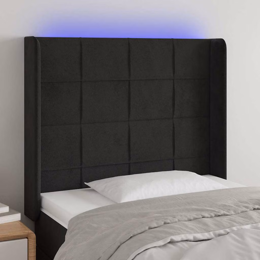Testiera per letto vidaXL in velluto nero con illuminazione LED e porta di ricarica USB, L/P/H: 103 x 16 x 118/128 cm