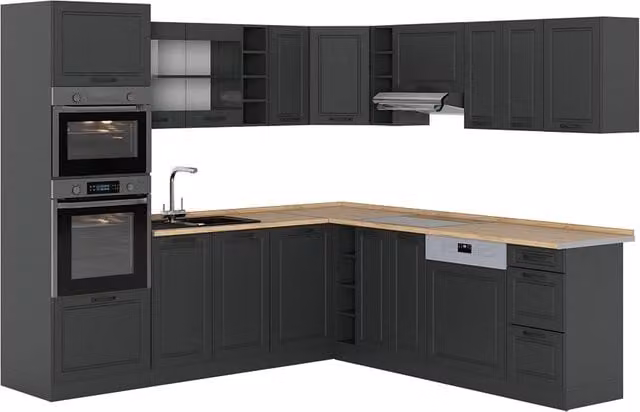 Cucina angolare completa Vicco R-Line colore Antracite e Rovere con ante in vetro e illuminazione integrata L/P/H: 247 x 237 cm