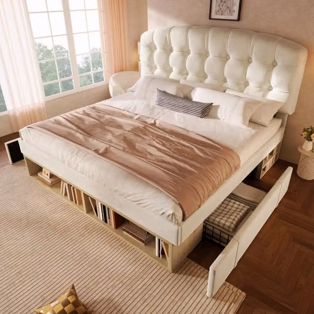 Letto contenitore 140 x 200 cm con cassetti e ripiani letto matrimoniale imbottito con rete a doghe in velluto beige