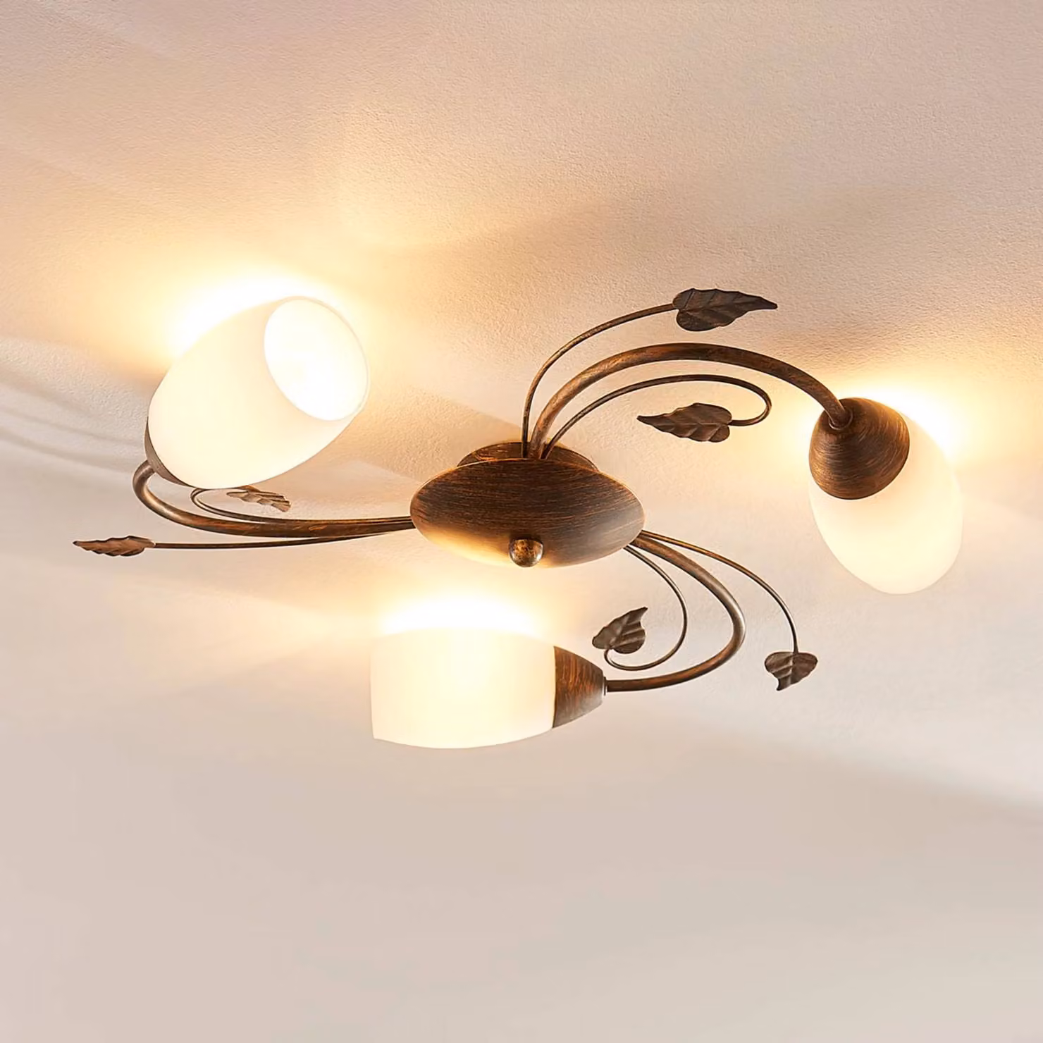 Plafoniera soffitto Stefania Lindby, dimmerabile, Marrone / Ruggine, Soggiorno / Sala da pranzo, Vetro, Antico, Plafoniera