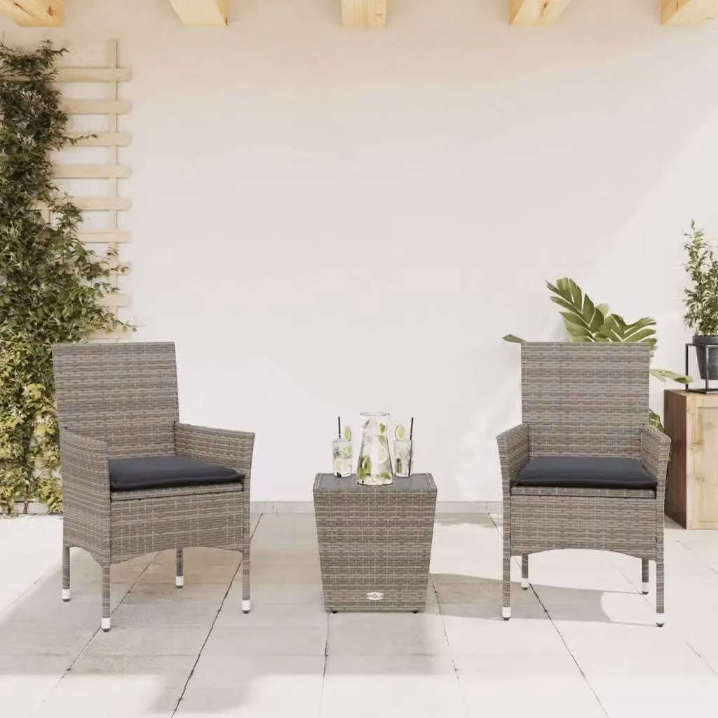 Set da Bistrò 3 Pezzi con Cuscini Grigio in Polyrattan e Vetro per Giardino e Terrazzo – 2