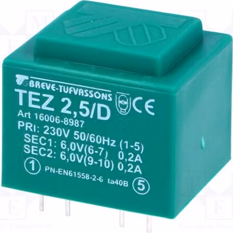 1 trasformatore: rivestito, 6V 2,5VA, 6V 208,3mA, 230VAC, 208,3mA, modello TEZ2.5/D230/6-6V