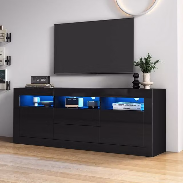 Mobile TV REDOM moderno in nero lucido con illuminazione LED integrata, dotato di 2 ante, 2 cassetti e vani aperti, L/P/H: 160 x 35 x 60 cm – 1