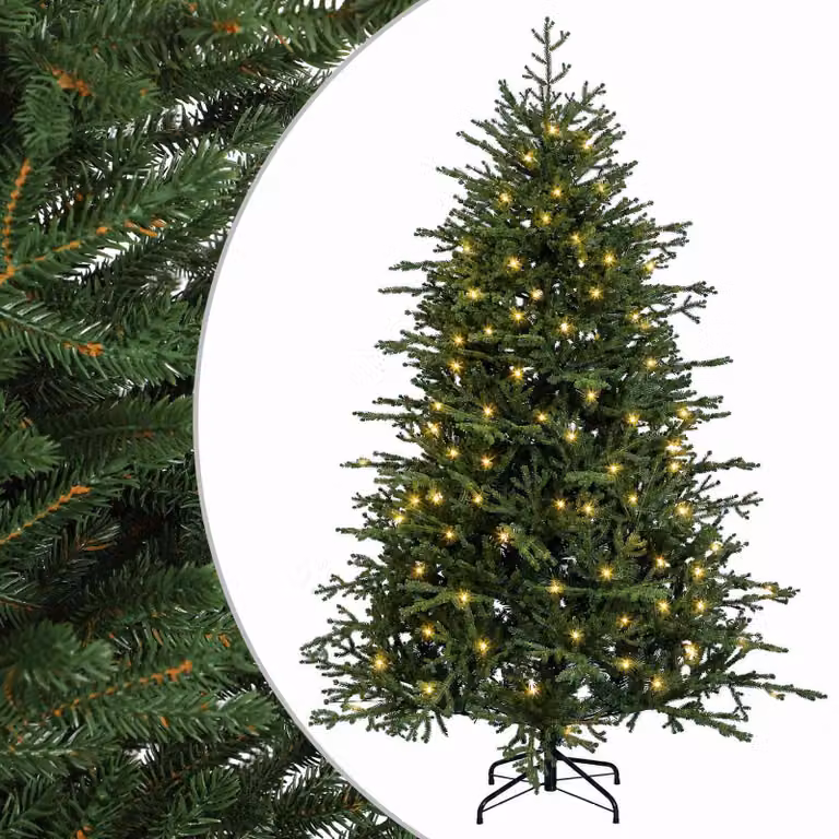 Albero di Natale Artificiale vidaXL Verde con 150 LED Luce Bianca Calda e Rami Pieghevoli in PVC e Metallo, Altezza: 150 cm