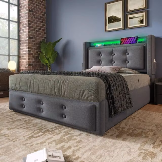 Letto Imbottito REDOM Grigio con Illuminazione Sotto il Letto, Prese USB e Contenitore a Sollevamento, L/P/H: 90 x 200 x 109 cm – 1